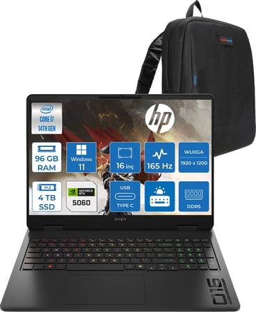 Hp Omen 16-AM0016NT Intel Core I7 14650HX 96GB Ddr5 4tb SSD RTX5060 Gddr7 8gb Windows 11 Home 16 Inç Wuxga (1920 x 1200) 165HZ 3ms 400NIT 100% Srgb Taşınabilir Bilgisayar WBQ3R2EAH46 + Zetta Çanta