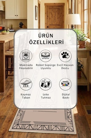 Yıkanabilir Kaymaz Ehl 120 Bej Mutfak Halısı Tüy Tutmaz Leke Tutmaz