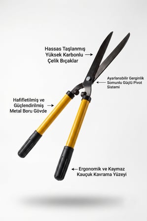 Uzun Saplı Bahçe Makası Yüksek Karbon Çelik Bıçaklı Çit Çim Dal Budama Makası Ergonomik Kaymaz Saplı