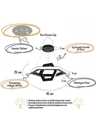 CICLO ( Beyaz Kasa, Sarı Işık ) Ledli Modern Sarkıt Led Avize, Salon, Mutfak, Oturma Odası
