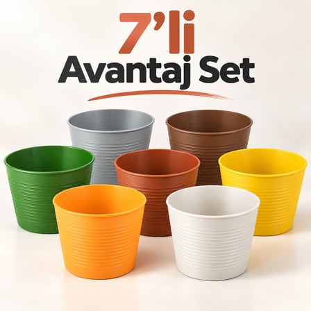 7 Adet Renkli Dekoratif Plastik Saksı Seti 1.8 Litre