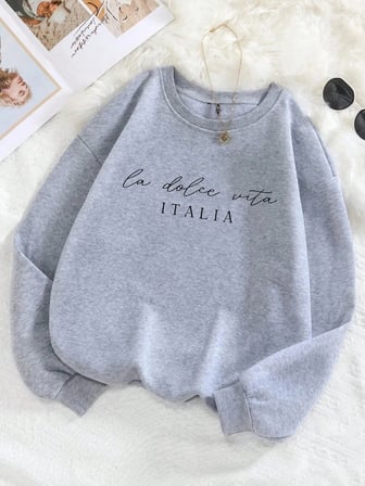 La Dolce Vita Italia Baskılı Bayan Kazak Bisiklet Yaka Y2K Gevşek Giyim Çok Renkli Rahat Kaza