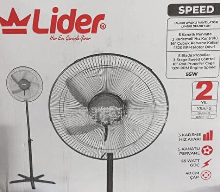 LİDER LV 600 Speed  Ayaklı Vantilatör - 5 Kanatlı Pervane 40 CM ÇAP