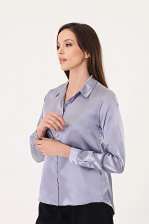 Kadın Hafif Dökümlü Gri Saten Gömlek