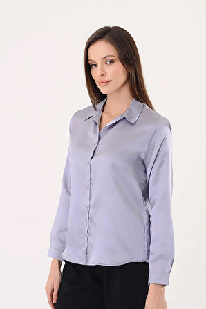 Kadın Hafif Dökümlü Gri Saten Gömlek