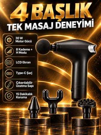 Şarjlı Masaj Tabancası 30 W 8 Kademeli H Modlu LCD Ekranlı 4 Başlıklı Uzatma Saplı Type-C Siyah