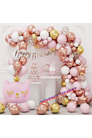 KIZ ÇOCUKLARINA ÖZEL KEDİ FOLYOLU BALON ZİNCİR SET