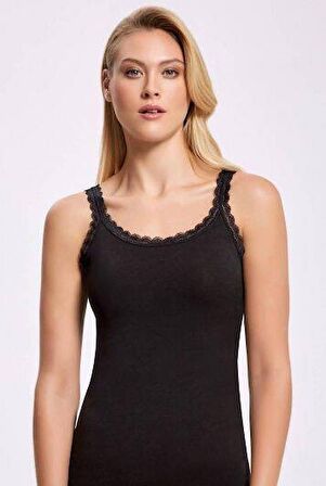 Likralı Askısı Dantelli İp Askı Siyah Kadın Atlet  5 Adet