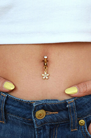 Delik Gerektirmeyen Çiçek Figürlü Sıkıştırmalı Göbek Piercingi Mıknatıslı