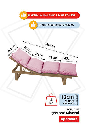 XPERMATE Pofuduk Şezlong Minderi 60x180x12Cm Su İtici,Katlanır,UV Güneş Dayanımı, Fermuar, Pembe