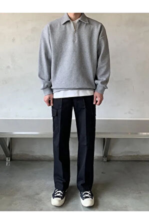 Polo Yaka Yarım Fermuarlı Unisex Oversize Sweatshirt