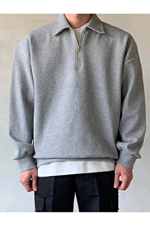 Polo Yaka Yarım Fermuarlı Unisex Oversize Sweatshirt