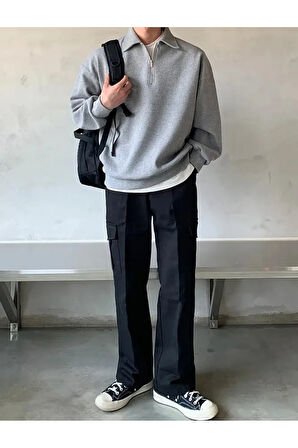 Polo Yaka Yarım Fermuarlı Unisex Oversize Sweatshirt