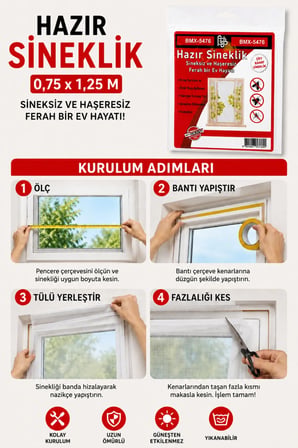 Hazır Sineklik Pencere Sinekliği 0,75 x 1,25 m Tül 4 m Yapışkan Bant Kesilebilir Kolay Montajlı Beyaz Tül