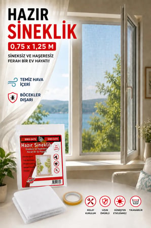 Hazır Sineklik Pencere Sinekliği 0,75 x 1,25 m Tül 4 m Yapışkan Bant Kesilebilir Kolay Montajlı Beyaz Tül