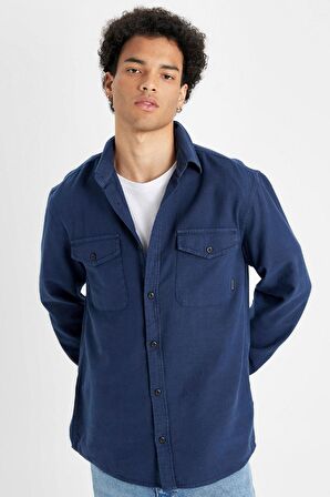 DeFacto %100 Pamuk Regular Fit Polo Yaka Basic Düz Uzun Kollu Gömlek B2654AX24AUNV147