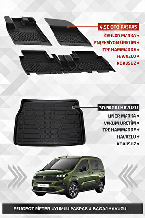 Sahler Peugeot Rifter 2019+ Uyumlu 4.5D Premium Havuzlu Oto Paspas Ve Liner Marka 3D Bagaj Havuzu 