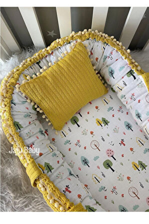 Nest Hardal Örgü Kumaş Ve Müslin Kumaş Ponponlu Jaju-babynest Anne Yanı Bebek Yatağı