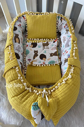 Nest Örgü Ve Orman Müslin Kumaş Ponponlu 3'lü Jaju-babynest Anne Yanı Bebek Yatağı Set