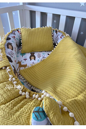 Nest Örgü Ve Orman Müslin Kumaş Ponponlu 3'lü Jaju-babynest Anne Yanı Bebek Yatağı Set