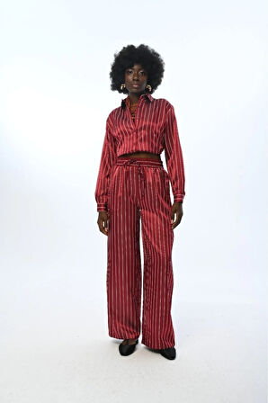 KADIN BELİ LASTİKLİ BOL PAÇA ÇİZGİLİ PANTOLON