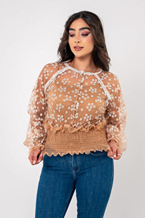 Papatya Nakışlı Bel Ve Kol Lastik Astarlı Bluz BLZ6034