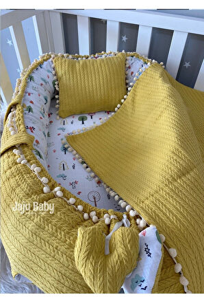 Nest Hardal Örgü Ve Müslin Kumaş Ponponlu 3'lü Jaju-babynest Anne Yanı Bebek Yatağı Set