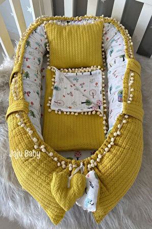 Nest Hardal Örgü Ve Müslin Kumaş Ponponlu 3'lü Jaju-babynest Anne Yanı Bebek Yatağı Set