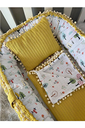 Nest Hardal Örgü Ve Müslin Kumaş Ponponlu 3'lü Jaju-babynest Anne Yanı Bebek Yatağı Set