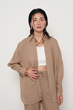 KADIN %100 KETEN YARASA KOL DÜZ OVERSİZE GÖMLEK