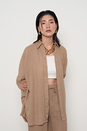 KADIN %100 KETEN YARASA KOL DÜZ OVERSİZE GÖMLEK