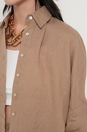 KADIN %100 KETEN YARASA KOL DÜZ OVERSİZE GÖMLEK