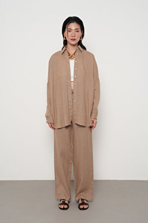 KADIN %100 KETEN YARASA KOL DÜZ OVERSİZE GÖMLEK