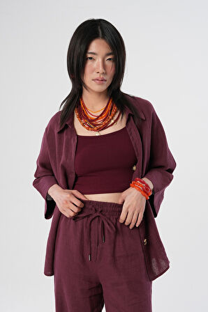 KADIN %100 KETEN V YAKA DÜZ RENK GÖMLEK