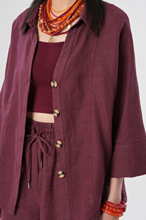 KADIN %100 KETEN V YAKA DÜZ RENK GÖMLEK