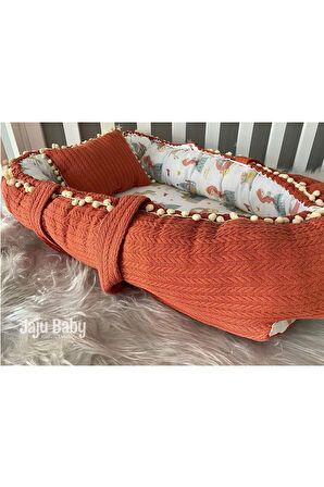 Babynest Kiremit Örgü ve Müslin Kumaş Ponponlu Jaju-babynest Anne Yanı Bebek Yatağı
