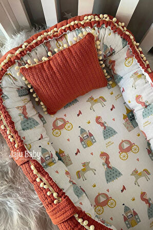 Babynest Kiremit Örgü ve Müslin Kumaş Ponponlu Jaju-babynest Anne Yanı Bebek Yatağı