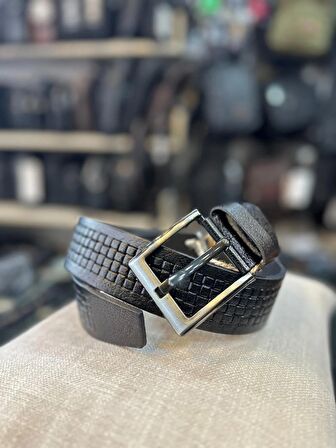 TRG POLO 4 CM SİYAH DESENLİ HAKİKİ DERİ ERKEK KEMERİ