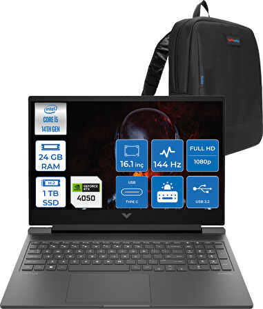Hp Victus 16-R1708NT Intel Core I5 14450HX 24GB Ddr5 1tb SSD RTX4050 6gb 16.1" IPS Fhd (1920 x 1080) 144HZ 300NIT Freedos Taşınabilir Bilgisayar BL6W5EAF08 + Zetta Çanta