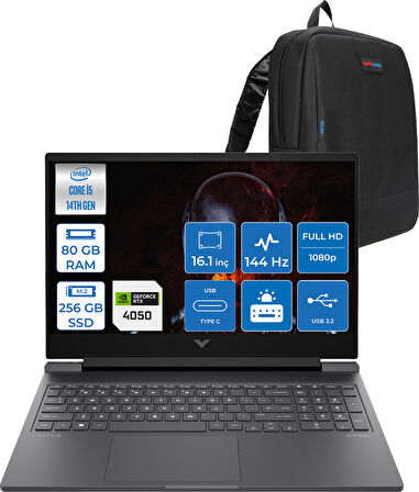 Hp Victus 16-R1708NT Intel Core I5 14450HX 80GB Ddr5 256GB SSD RTX4050 6gb 16.1" IPS Fhd (1920 x 1080) 144HZ 300NIT Freedos Taşınabilir Bilgisayar BL6W5EAF31 + Zetta Çanta