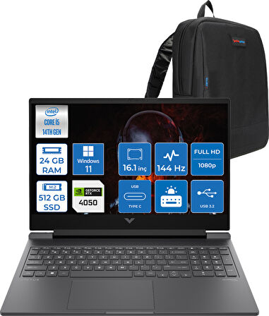 Hp Victus 16-R1708NT Intel Core I5 14450HX 24GB Ddr5 512GB SSD RTX4050 6gb 16.1" IPS Fhd (1920 x 1080) 144HZ 300NIT Windows 11 Home Taşınabilir Bilgisayar BL6W5EAH07 + Zetta Çanta