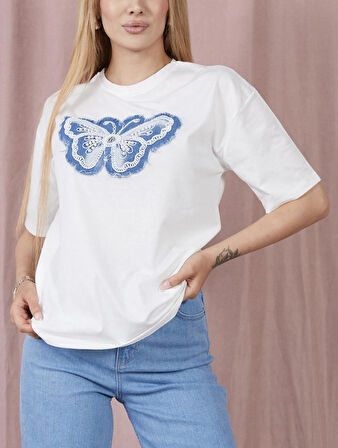 Kelebek Baskılı İncili T-shirt 