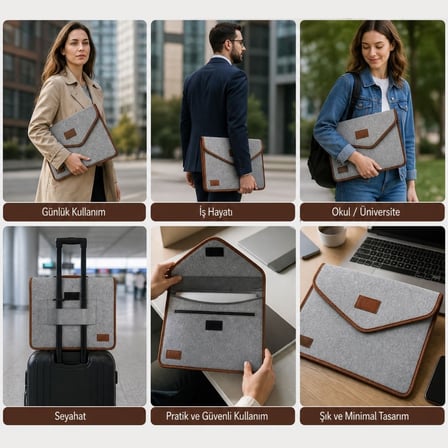 Kararlı Ticaret® 15.6 İnç Gri Cırt Cırtlı Keçe Laptop ve Evrak Çantası, Notebook Bilgisayar ve Dosya Taşıma Çantası