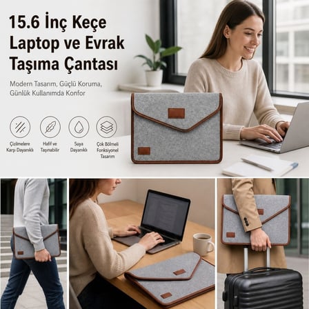 Kararlı Ticaret® 15.6 İnç Gri Cırt Cırtlı Keçe Laptop ve Evrak Çantası, Notebook Bilgisayar ve Dosya Taşıma Çantası