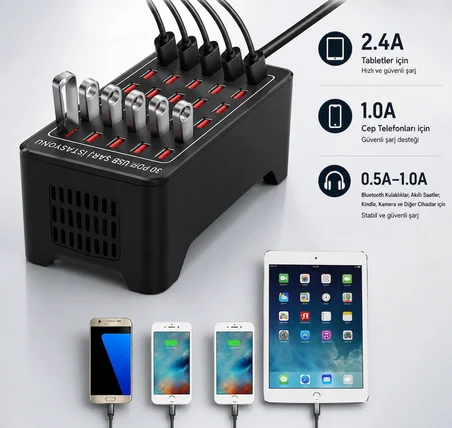 30 Port USB Şarj İstasyonu 150W Güçlü Çoklu Şarj