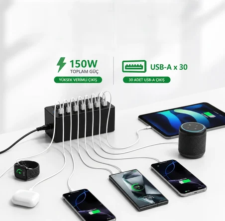 30 Port USB Şarj İstasyonu 150W Güçlü Çoklu Şarj