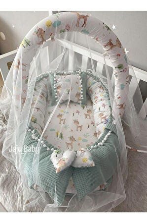 Nest Wafle Yeşil Pike Kumaş Poplin Kumaş Ponponlu Jaju-babynest Oyuncak Aparat Ve Tül Set