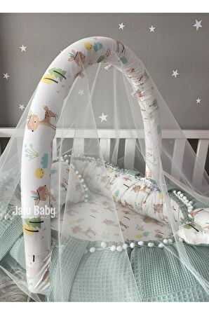 Nest Wafle Yeşil Pike Kumaş Poplin Kumaş Ponponlu Jaju-babynest Oyuncak Aparat Ve Tül Set