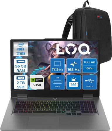 Lenovo Loq 17IRX10 Intel Core I7 13650HX 96GB Ddr5 2tb SSD RTX5050 8gb 115W Freedos 17.3 Inç Fhd (1920X1080) IPS 300NITS 165HZ 100% Srgb Taşınabilir Bilgisayar W83JH006CTRF45 + Zetta Çanta