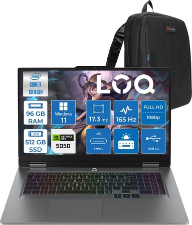 Lenovo Loq 17IRX10 Intel Core I7 13650HX 96GB Ddr5 512GB SSD RTX5050 8gb 115W Windows 11 Pro 17.3 Inç Fhd (1920X1080) IPS 300NITS 165HZ 100% Srgb Taşınabilir Bilgisayar W83JH006CTRP43 + Zetta Çanta